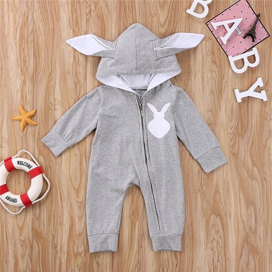Budino Baby Romper Pyjama Onesie Konijn Dier - Grijs - 9 mnd