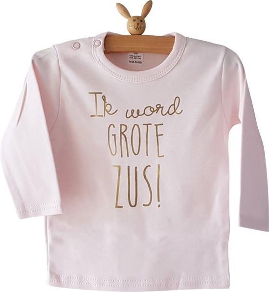 Shirt Ik word grote zus |  lange mouw | roze met goud | maat 104  zwangerschap aankondiging bekendmaking Baby big sis sister
