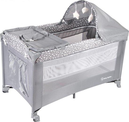 Moby System Campingbedje met commode - Reiswieg / Box Happy Traveller - Grijs - reisbedje met matras