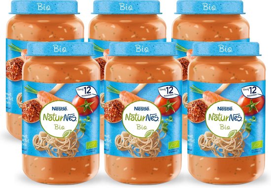 NaturNes Bio Volkoren Spaghetti Tomaat Wortel Rundvlees - babyvoeding biologisch - vanaf 12 maanden - 6 potjes