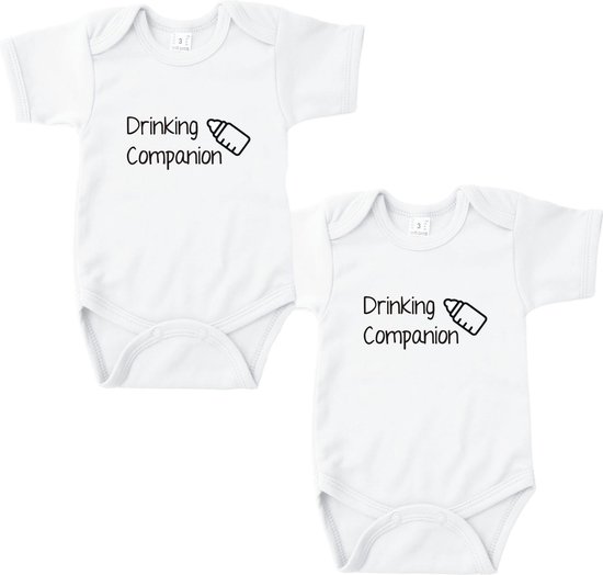 Rompertjes baby met tekst - Drinking Companion - Tweeling - Wit - Maat 50/56 - Set van 2 rompertjes - Kraamcadeau - Babygeschenk - Romper - Valentijn - Moederdag - Vaderdag - Tweeling Romper