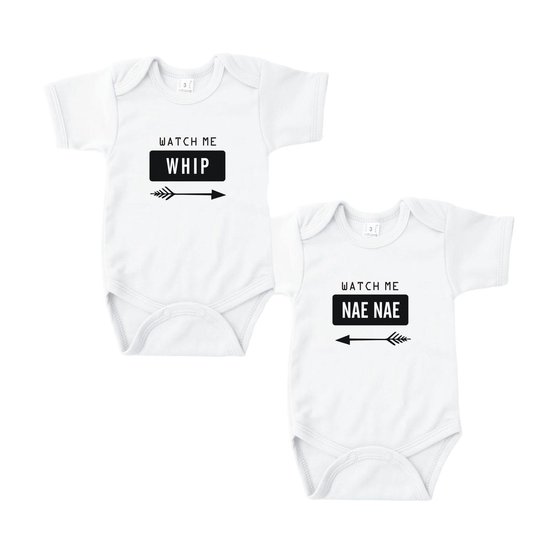 Baby Rompertje Watch me Whip watch me nae nae - Tweeling Romper - Wit - Maat 50/56 - Set van 2 rompertjes - Kraam cadeau - Babygeschenk - Romper - Tweeling - Valentijn - Moederdag - Vaderdag