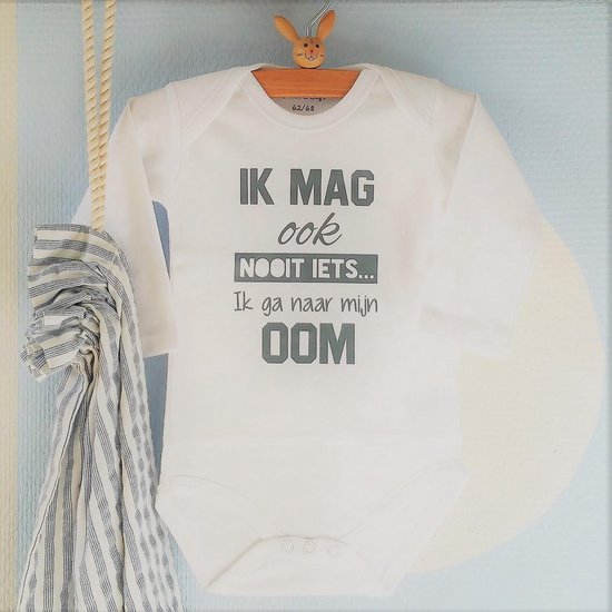 Baby Rompertje met tekst Ik mag ook nooit iets ik ga naar mijn oom | Lange mouw | wit zwart | maat 50/56 | Zwangerschapsaankondiging grappig cadeau bekendmaking zwangerschap aankondiging