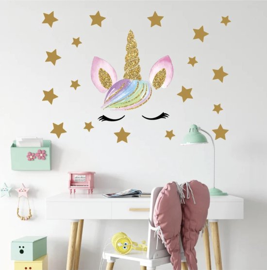 Muursticker unicorn - eenhoorn oogjes en sterren meisjeskamer / babykamer stickerkamer.nl