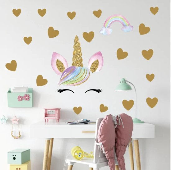 Muursticker unicorn - eenhoorn oogjes en hartjes meisjeskamer / babykamer / kinderkamer