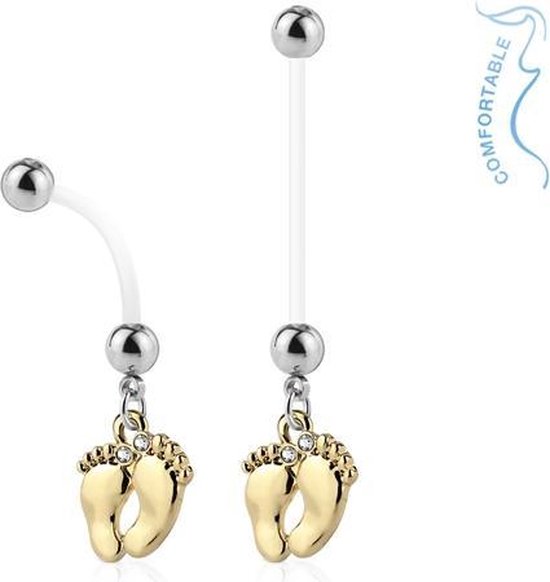 Zwangerschaps navelpiercing baby voetjes goud kleurig ©LMPiercings