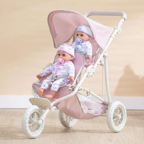 Olivia's Little World Poppenwagen Roze Dubbele Tweeling Kinderpoppenwagen voor poppen van 40 cm  OL-00004