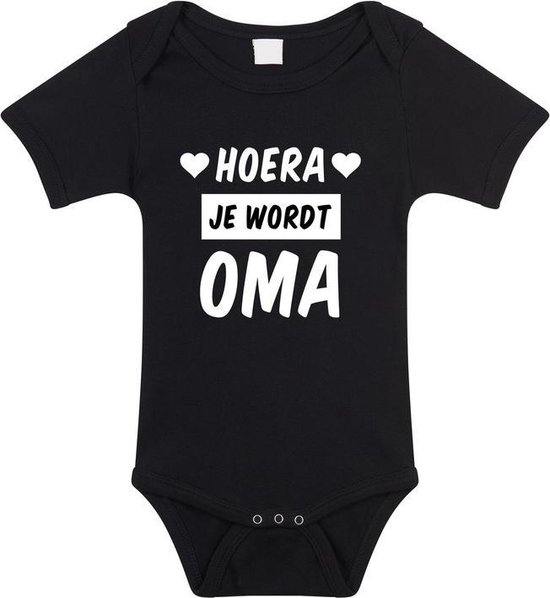 Hoera je wordt oma tekst baby rompertje zwart meisjes en jongens - Kraamcadeau - Babykleding 56 (1-2 maanden)