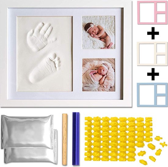 AWEMOZ® Baby Fotolijst - Klei Afdruk Baby Voet en Hand - Kraamcadeau Jongen of Meisje - Babyshower - Kraampakket/Geboorte Cadeau - Baby Art - 3D Collage - Incl. Colour Frames - Cadeau voor Man & Vrouw