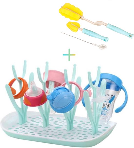 Flessen droogrek inclusief borstelset - Afdruiprek babyflessen met flessenborstels - Flessendroogrek met lekbak - Mint