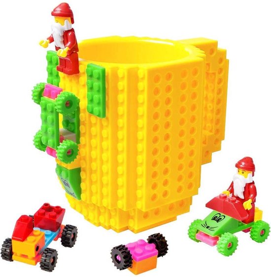 Lego Mok/ Build on Brick Mug - geel - 350 ml - bouw je eigen mok met bouwsteentjes - BPA vrije drinkbeker cadeau voor kinderen of volwassenen - koffie thee limonade of andere dranken - pennenbeker - creatief accessoire voor op bureau -HnD