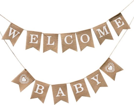 Jute Vlaggenlijn Welcome Baby - Slinger - Vlag - Raam  | Kraamfeest - Kraamtijd - Vintage - Geboorte - Feest - Babyshower  - Decoratie - Babykamer - Kinderkamer | Jongen - Meisje | Natuurlijk materiaal - Linnen - DH collection