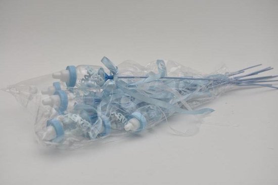 Bijstekers - Pak á 12 Baby Flesje Blauw Met Lint Op Stok 50cm