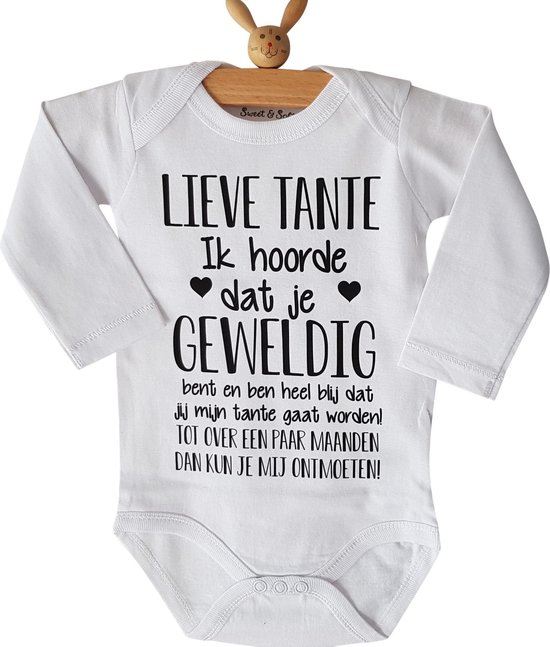 Baby rompertje met tekst | Lieve Tante Ik hoorde dat je geweldig bent en ben heel blij dat jij mijn tante gaat worden! ontmoeten! | lange mouw | maat 50-56 | aankondiging bekendmaking zwangerschap cadeau voor de liefste aanstaande