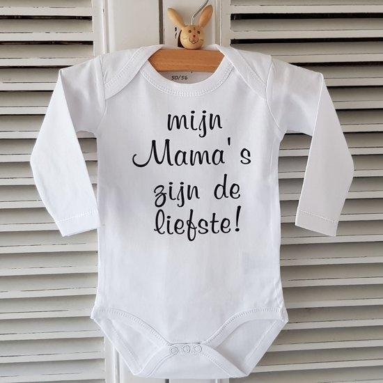 Rompertje met tekst mijn mama's zijn de liefste | lange mouw | wit zwart | maat 50/56 bekendmaking zwangerschap aanstaande baby jongen meisje unisex