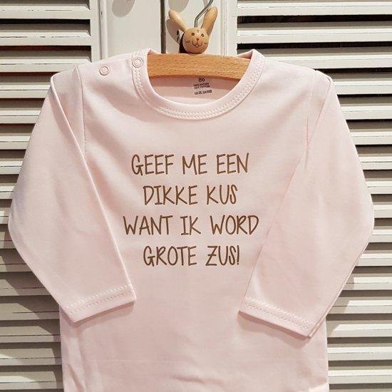 Baby rompertje meisje met tekst voor grote zus big sis sister | Geef mij maar een kusje want ik krijg een broertje of zusje | Lange mouw | roze| maat 86-92 | Zwangerschapsaankondiging zwangerschap aankondiging geboorte