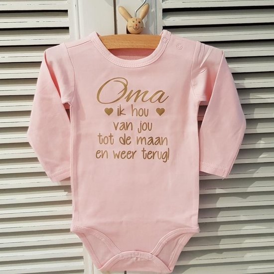 rompertje baby roze meisje oma ik hou van jou tot aan de maan en terug lange mouw roze goud maat 50-56