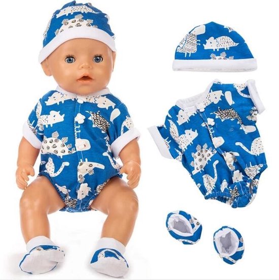 Poppenkleertjes - Geschikt voor Baby Born - Romper met slofjes en muts - Dinosaurus - Pyjama - Jongen of Meisje pop