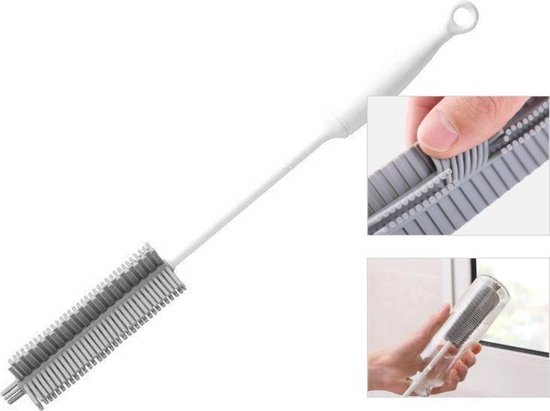 Emmy's Store siliconen flessenborstel – Schoonmaak borstel voor bidon, dopper, shakebeker, babyfles – Afwasborstel – Flessenreiniger - Wit met grijs