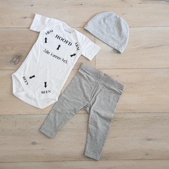 Baby cadeau geboorte unisex jongen of Meisje Setje 3-delig newborn | maat 50-56 | grijs mutsje en broekje en romper korte mouw wit met zwarte tekst  jullie kunnen het | Bodysuit | pakje | Kraamcadeau