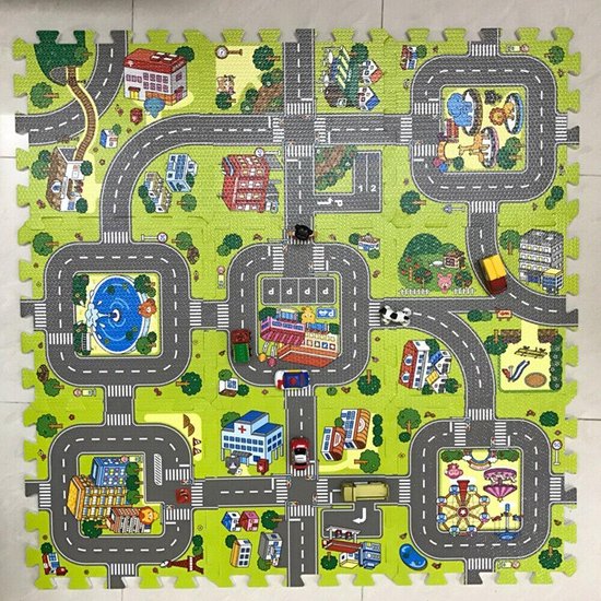 Kinder Speelmat - Straten Puzzelmat - 9-delig Speel Kleed met Wegen, Straten en Gebouwen - Educatief Speel Kleed voor Baby/Peuters/Kinderen vanaf 0 jaar - 90x90 cm