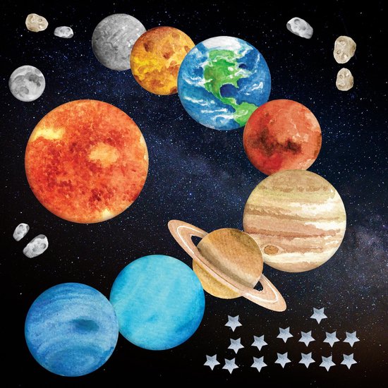Muurstickers Planeten & Sterren - Zonnestelsel - Ruimte - Raamsticker - Deursticker - Kinderkamer - Babykamer - 32 stuks