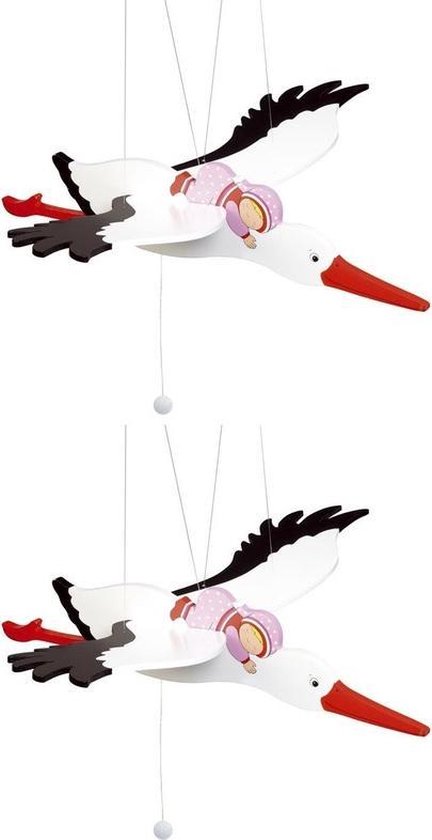 2x Houten speelgoed ooievaar met baby meisje 54 cm - Tweeling kinderspeelgoed - Houten speelgoed - Dieren speelgoed - Dieren mobiel