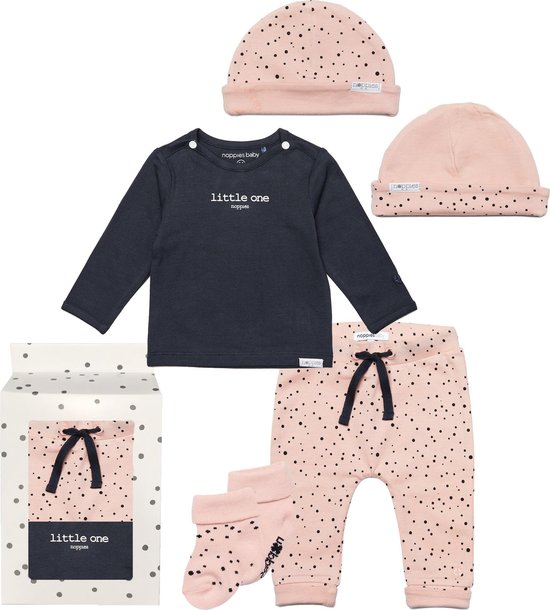 Noppies Cadeauset (5delig) Broek, mutsje, Sokken Peach met stip en Shirt Charcoal - Maat 56