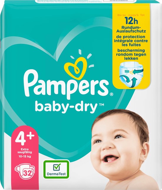 Pampers Baby-Dry Maat 4+, 32 Luiers, Tot 12 Uur Bescherming, 10-15kg