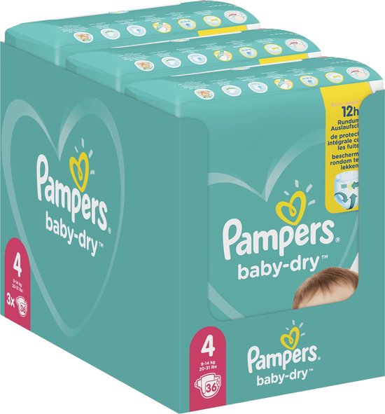 Pampers Baby-Dry Maat 4, 36 Luiers, Tot 12 Uur Bescherming, 9-14kg