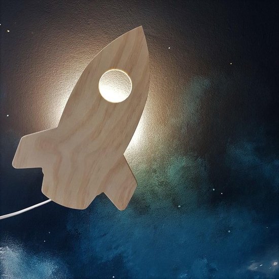 Wandlamp kinderkamer, babykamer Raket - Blank houten lampje voor aan de muur