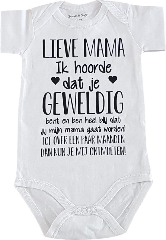 Baby rompertje met tekst | Lieve Mama Ik hoorde dat je geweldig bent en ben heel blij dat jij mijn mama gaat worden! ...  ontmoeten!  |korte mouw | maat 50-56 | aankondiging bekendmaking zwangerschap cadeau voor de liefste aanstaande