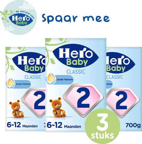 Hero Baby Standaard Classic 2 - opvolgmelk (6-12mnd) - 3 STUKS - met melkvet & zonder palmolie - flesvoeding - babymelk - melkpoeder - 3 verpakkingen
