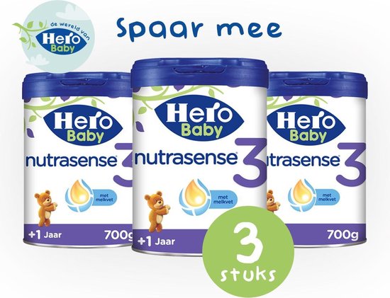 Hero Baby Nutrasense peutermelk 3 - Flesvoeding vanaf 1 jaar - 3 x 700 gram - 3 stuks - babymelk - peutermelk - met melkvet