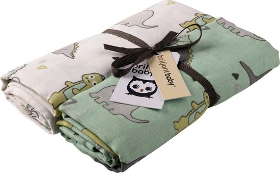 Briljant Baby Inbakerdoek Swaddle Hydrofiel 120 x 120 - Dino - Groen en Roze - 2 Stuks