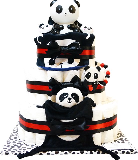 Luiertaart - Pampertaart Neutraal Panda XL - 97 Pampers – Zwart Rood