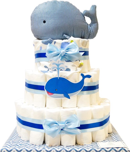 Luiertaart - Pampertaart Jongen Wally Walvis XL- 97 Pampers – Blauw