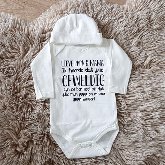 Baby rompertje met tekst Lieve papa en Mama Ik hoorde dat je geweldig bent en ben heel blij dat jij mijn  gaat worden! ... ontmoeten! | lange mouw | maat 50-56 | aankondiging bekendmaking zwangerschap cadeau voor liefste aanstaande opa oma oom tante