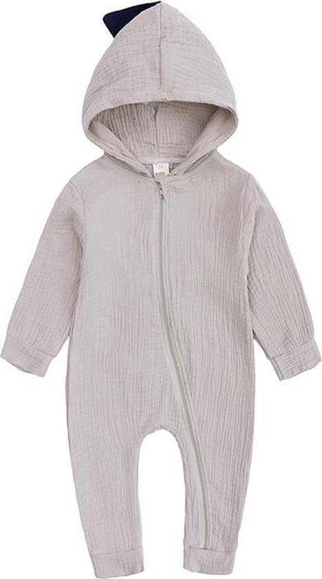 Grijs-beige Baby Pyjama / Box pakje / Romper/ Jumpsuit / Onesie Dinosaurus/Draak – 100% Katoen - Voor Alle Seizoenen - mt 100 (12-18 maanden)