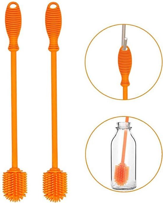 Kriegs Siliconen Flexibele Flessenborstel - Babyfles Schoonmaakborstel - Flesvoedingsaccessoires - 32CM - BPA Vrij - Oranje