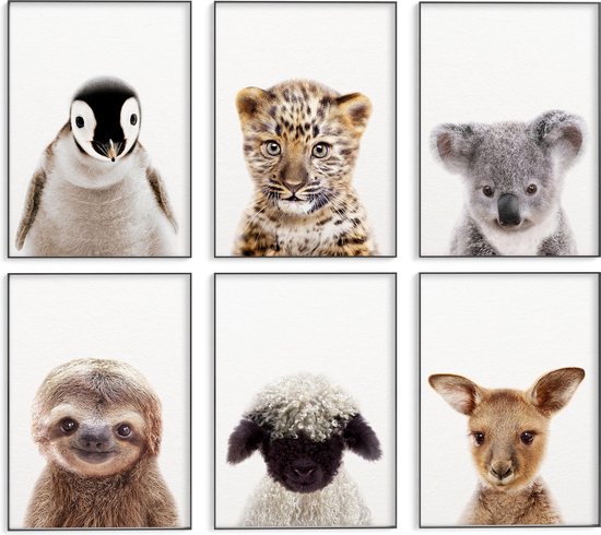Babykamer/kinderkamer dieren posters – 6 stuks - 30x40 cm - Stevig papier