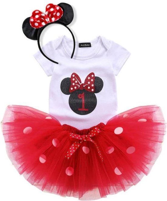 3 in 1 set Cakesmash outfit meisje - Eerste verjaardag tutu dress -  Babykleding - Minnie Rood - 1 jaar