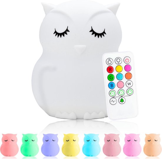 Sleepy Friends® 8 kleurige LED Nachtlampje kinderen - Uiltje - Nachtlampje baby - Oplaadbaar - Dimbaar - timer - tafellamp met afstandsbediening voor in de slaapkamer