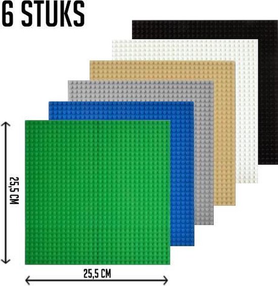 Bouwplaten 32x32 noppen - geschikt voor LEGO - 6 Stuks – COMPLETE SET - Bouwplaat/Grondplaat - Voordeelpakket - Groen, Blauw, Grijs, Licht bruin, Wit, Zwart - Gras, Water, Steen, Zand, Wit, Zwart