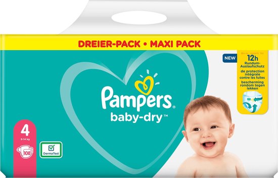 Pampers Baby-Dry Maat 4, 108 Luiers, Tot 12 Uur Bescherming, 9-14kg