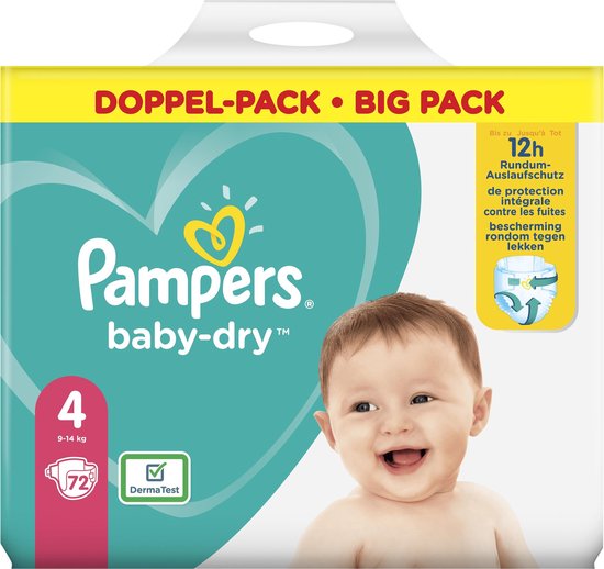 Pampers Baby-Dry Maat 4, 72 Luiers, Tot 12 Uur Bescherming, 9-14kg