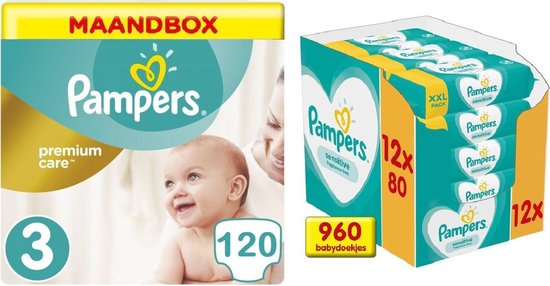 Pampers Premium Care Maat 3 - 120 Luiers Maandbox + Pampers Sensitive Billendoekjes 12x80 Stuks