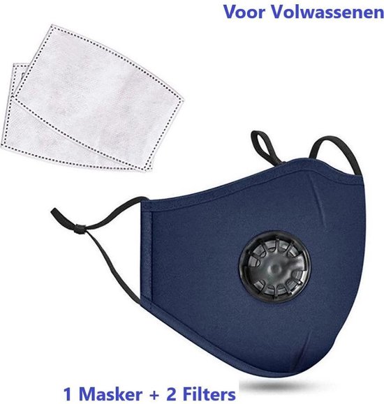 Mondkapje - Mondkapje met ademhalings filter - Donker Blauw - Navy - Wasbaar - Herbruikbaar - Adembescherming - 2 Gratis Filters