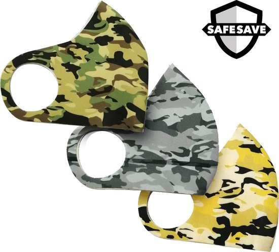 SafeSave mondkapjes wasbaar en herbruikbaar geen wegwerp -100% duurzaam neopreen stoffen alcohol vrij gesteriliseerd mondkapje-niet medisch mondmasker met camo print- face mask unisex dames en heren-gezichtsmasker volwassen/jongens/meisjes - 3 stuks