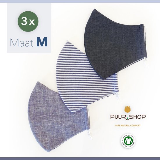 PUUR.SHOP Biologische Mondkapjes - 3 x Maat M - Grey Hemp Stripes - Wasbaar Hennep met Bio katoen